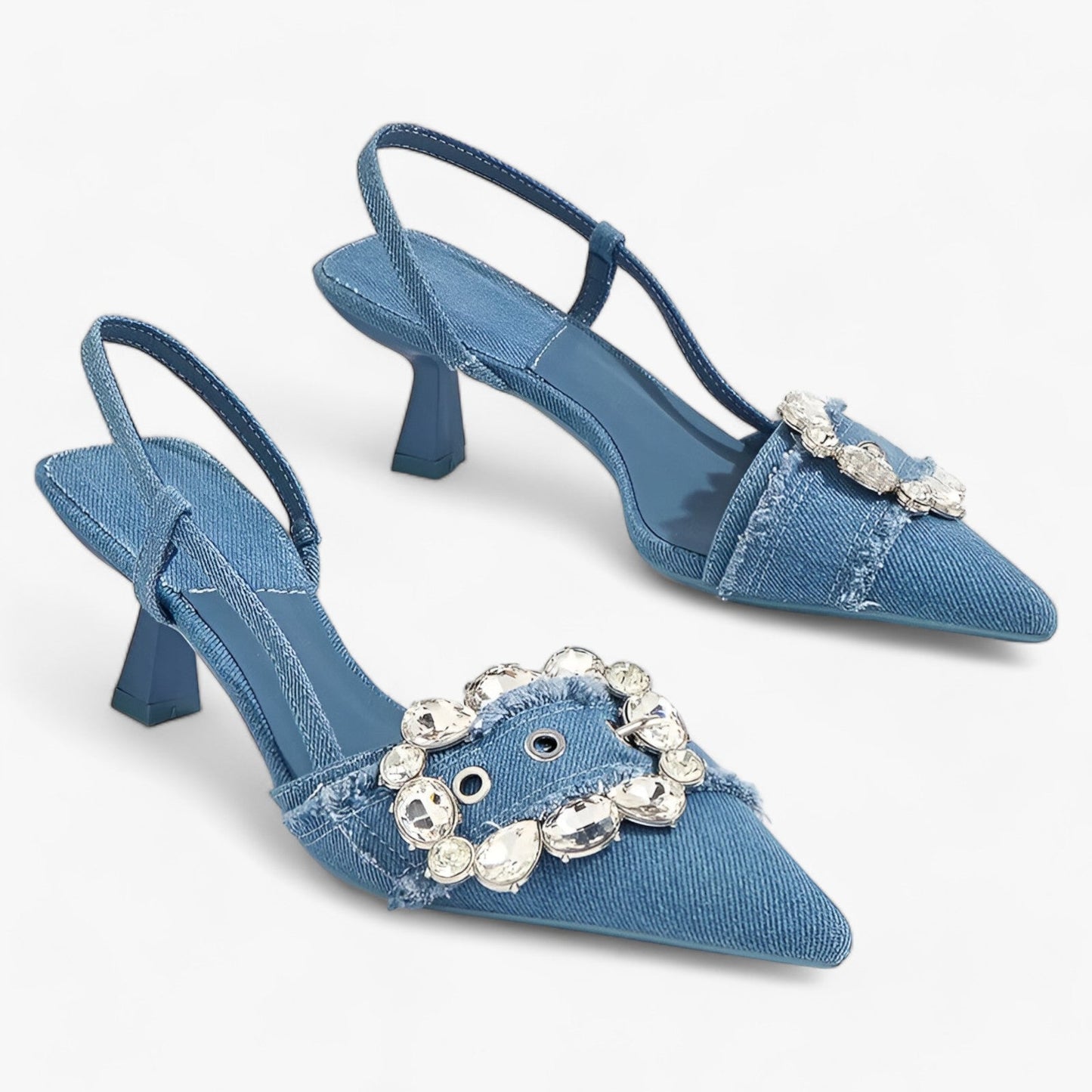 Denim Elegance | Pointed High Heels with Crystal Buckle