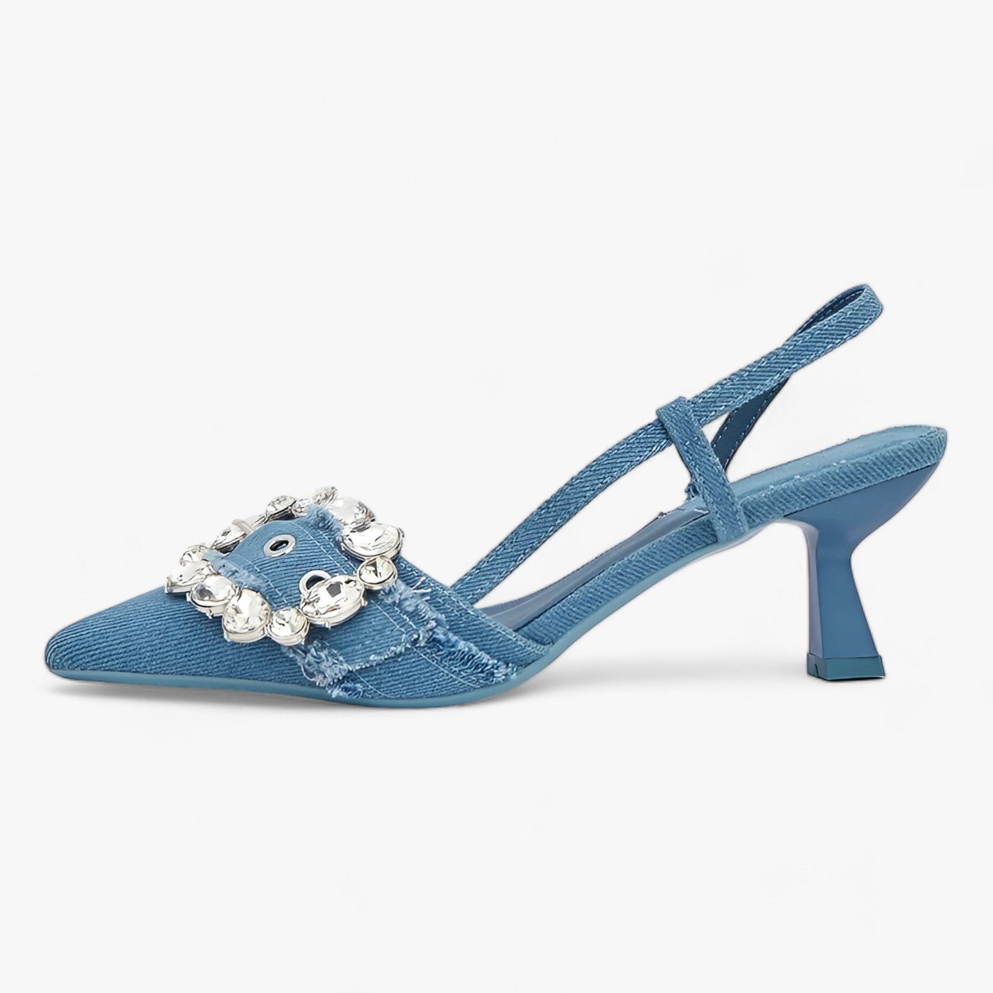 Denim Elegance | Pointed High Heels with Crystal Buckle