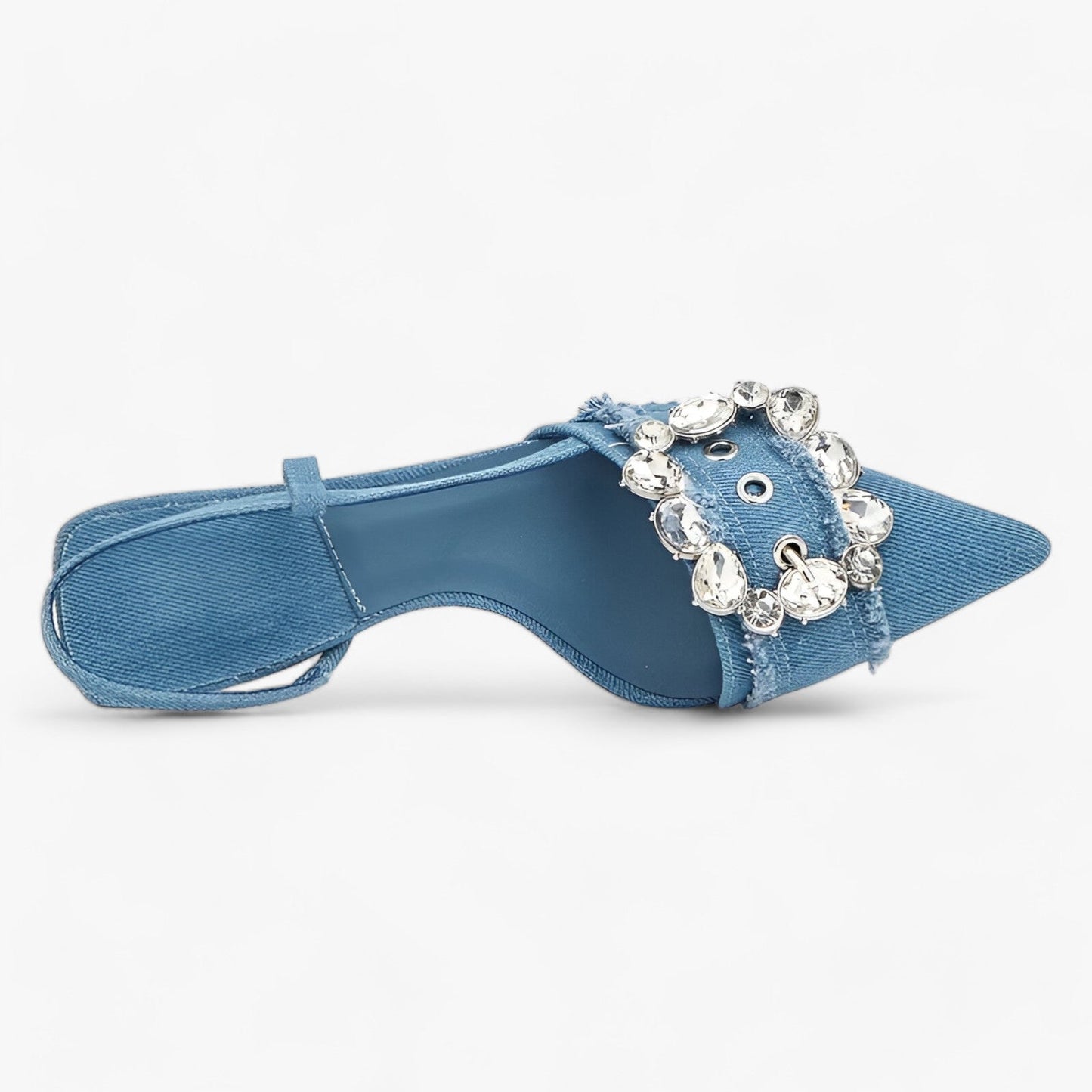 Denim Elegance | Pointed High Heels with Crystal Buckle