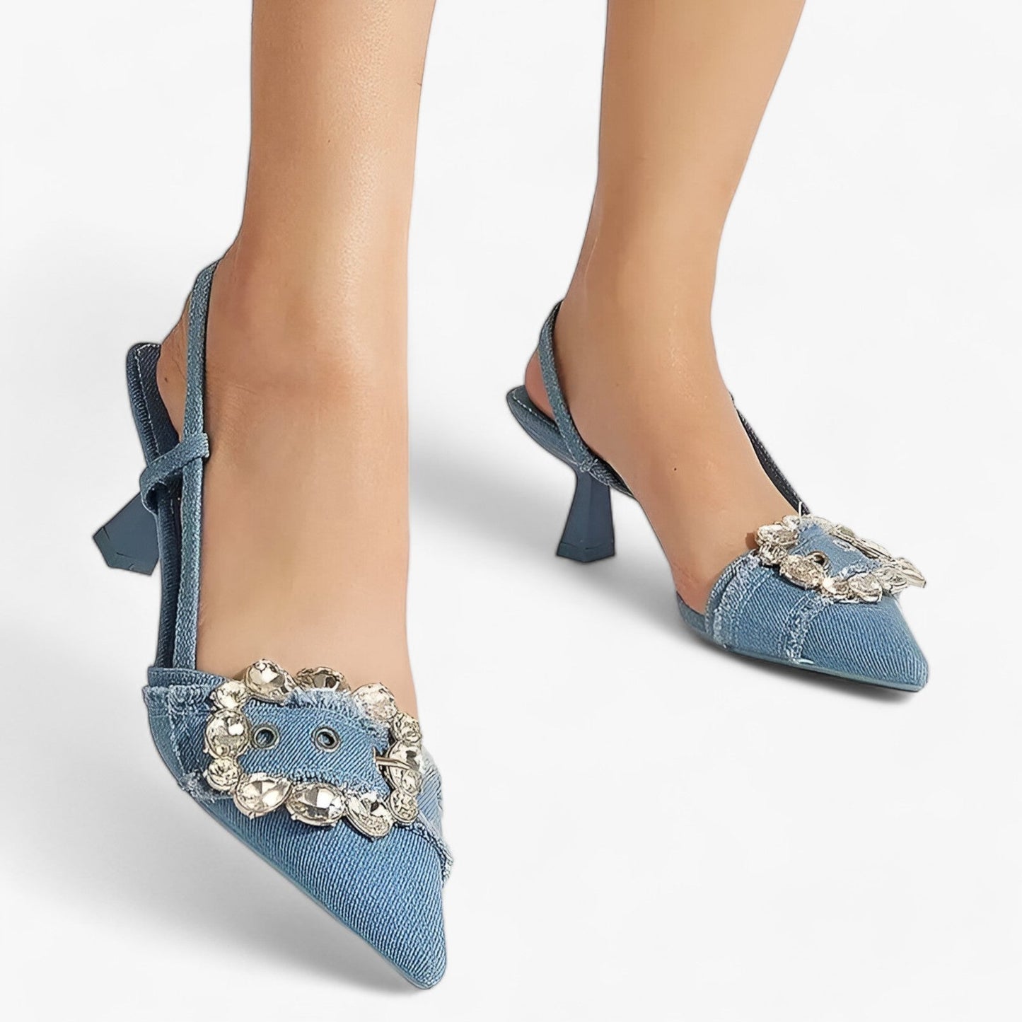 Denim Elegance | Pointed High Heels with Crystal Buckle