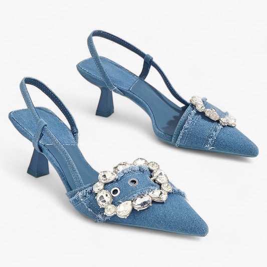 Denim Elegance | Pointed High Heels with Crystal Buckle